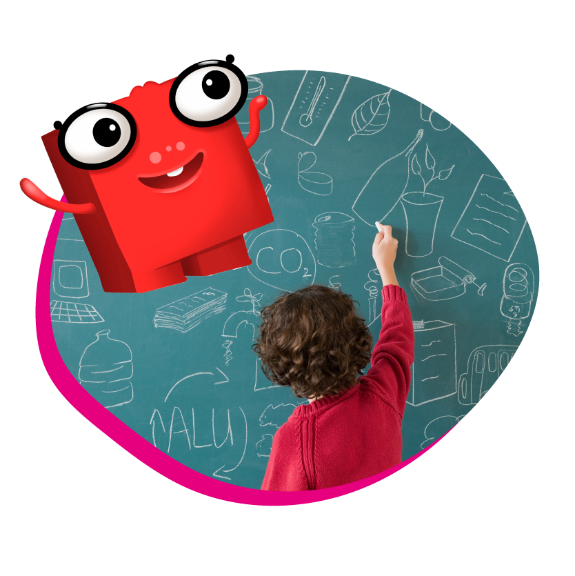 Elementary school child using a chalkboard with an AllSorts character overlay. 